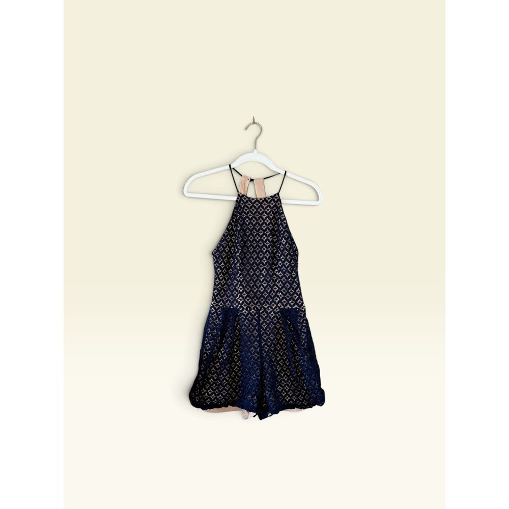 City Triangles Navy Blue Lace Halter Romper Open Back Nude Lined